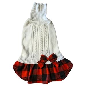 Michaels White Knit Dog Sweater Red Black Plaid Skirt Sz L